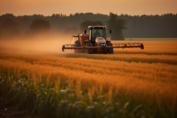 Fototapeta premium Tractor spraying pesticides on soybean field with sprayer at spring generated by AI.