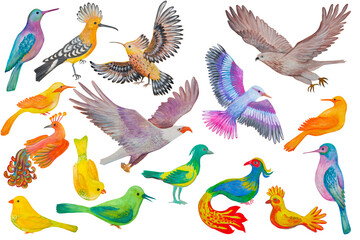 A set of birds painted in watercolor and isolated on a white background.