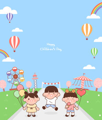 Children's Day concept vector illustration. Cute children are playing in the amusement park. - obrazy, fototapety, plakaty