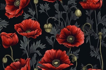 poppy flower seamless pattern on black background, botanical illustration style. generative AI