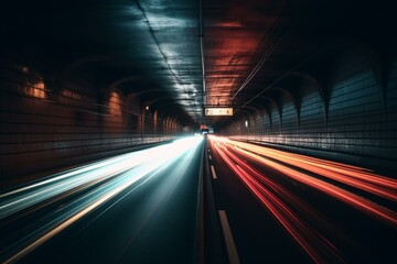 Fototapeta na wymiar High-speed traffic with blurred lights in a tunnel at night. Generative AI