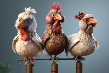Fototapeta premium Drei verrückte Hühner sitzen auf einer Stange
