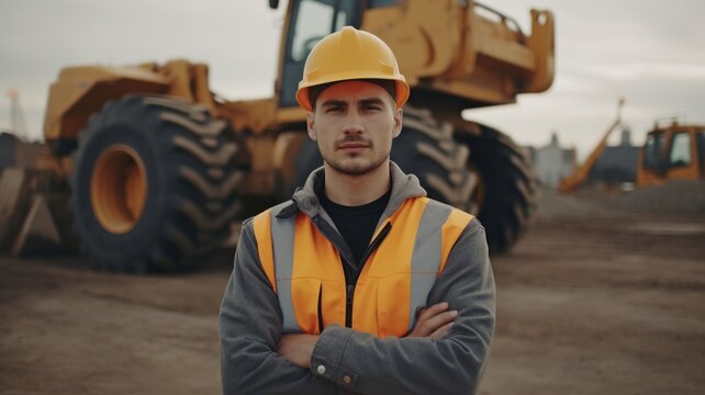 Confident foreman in bright jacket and safety helmet stands on building site against caterpillar vehicle, Generative AI