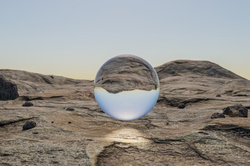 single glas sphere ball hovering in the air in large empty desert environment; abstract surreal concept; 3D Illustration