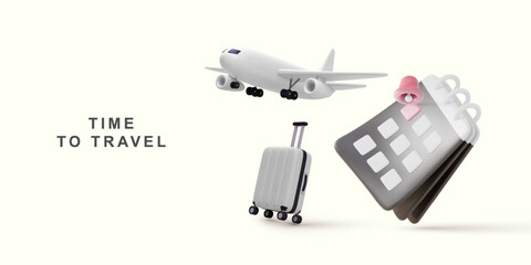 3D realistic airplane. Calendar and suitcase. Vector illustration.