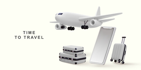 3d realistic Suitcase and plane. travel online booking service on mobile. Vector illustration.