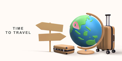 3d realistic world tour planning with location on globe, luggage and suitcase. Vector illustration.