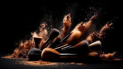 Make up cosmetic brushes with bright brown powder little blush explosion on black background. Generative AI.