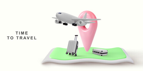 3d realistic Travel concept illustration, Airplane flying over the travel bags and map pin. Vector illustration.
