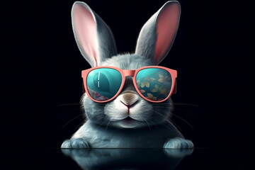 Fototapeta na wymiar Cute Rabbit with Sunglasses on Black Background Summer Generative AI