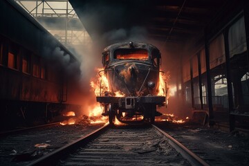 Fototapeta na wymiar Fiery train car accident in a depot. AI art. Generative AI