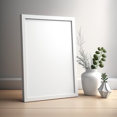 Blank white picture frame standing on a wooden floor. Artwork/picture mockup template created using generative AI tools