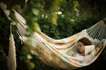 Woman resting in a hammock, Generative AI