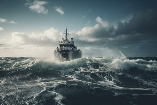 A large vessel navigating through tumultuous waves in the ocean. Generative AI