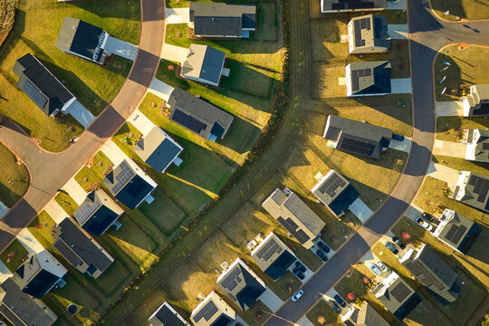 Aerial View Of Tightly Packed Homes In South Carolina Residential Area. New Family Houses As Example Of Real Estate Development In American Suburbs