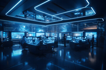 Blue lit futuristic business office with many people working