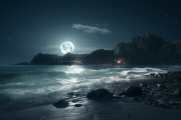 Fototapeta na wymiar Imaginary seashore under shining moonlight. Generative AI
