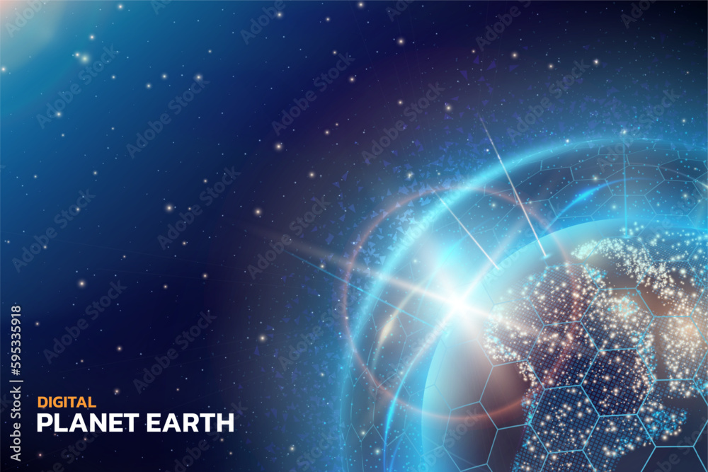 Poster Earth planet. Digital world. Global space technology connect with globe map. Internet connection. Future network international communication. Cosmic banner. Vector 3D background design