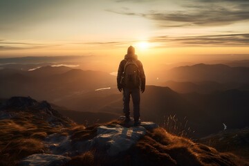 Abstract Male Hiker stands at the summit of a difficult mountain climb to be greeted with a beautiful view of the sunrise. Generative ai. Advertising photography style.