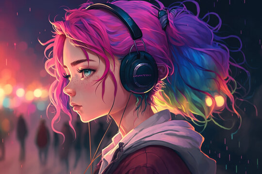 Lofi style. Beautiful girl with headhones and rainbow hair listening hip hop music . Anime. Generative AI