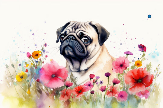 Watercolor painting of a cute pug dog in a colorful flower field. Ideal for art print, greeting card, springtime concepts etc. Made with generative AI.