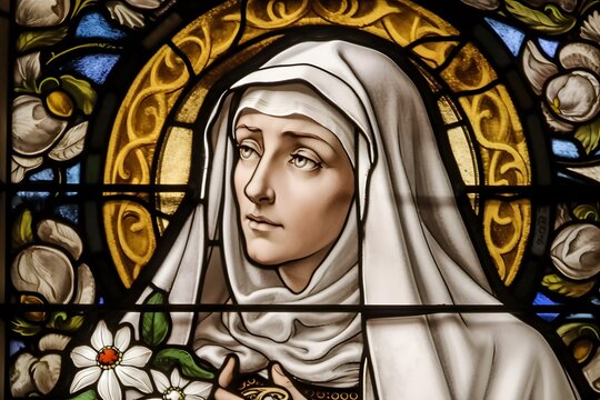 Saint Catherine of Siena, stained glass illustration. Generative Ai. St. Catherine is a famous catholic saint.