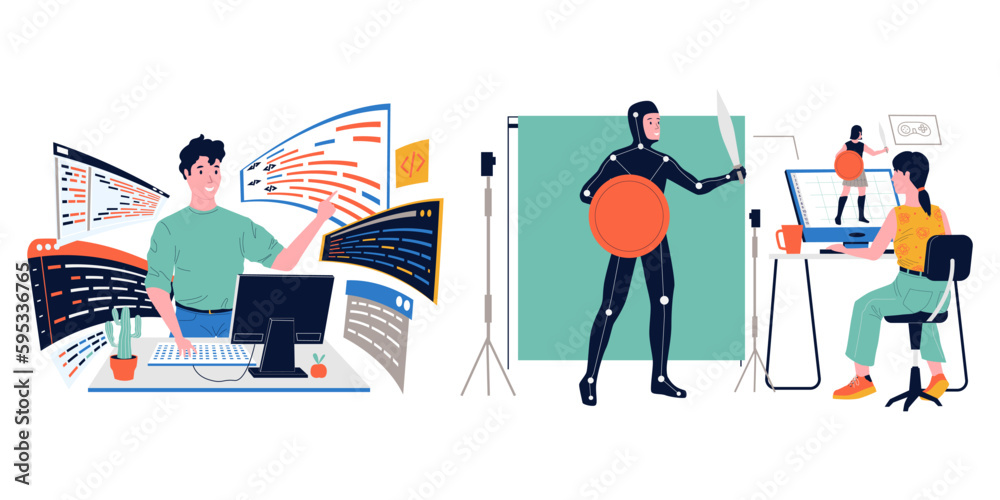 Poster Game development. Specialists create gaming web characters. Programmers coding software. Computer technology. Professional digital designers workplace. Teamwork project. Vector concept