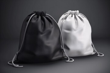 White black backpack bag on a rope. Sport bag mockup on gray wall background. Mock up Template for custom design. Generative Ai.