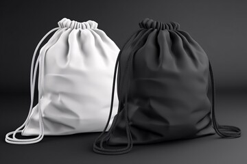 White black backpack bag on a rope. Sport bag mockup on gray wall background. Mock up Template for custom design. Generative Ai. - obrazy, fototapety, plakaty