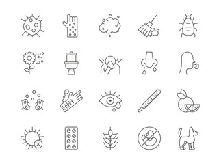 Allergic test. Dry nose icons. Allergy symptoms. Personalised medication sun person care. People cough from flower pollen and dust. Unwell sneeze. Vector medical outline pictograms set