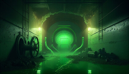 Fototapeta na wymiar Secret foggy laboratory tunnel with green chemicals leaking.
