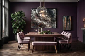 Modern dining room with purple and lavender colors, empty painted wall for art, and four-seat dining table. VIP lounge or restaurant. Generative AI