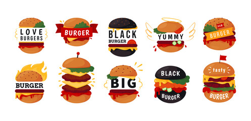 Vintage hamburger logo. Retro grill burger or cheeseburger label, barbecue with beef meat. Cafe or restaurant menu elements with text cartoon flat style isolated illustration. Vector banners - obrazy, fototapety, plakaty