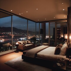 luxury penthouse bedroom at night - obrazy, fototapety, plakaty