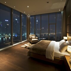luxury penthouse bedroom at night