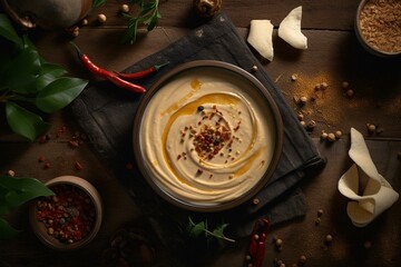 Middle Eastern dip with hummus smear texture background, houmous dip pattern, and tahini sauce mockup. Generative AI