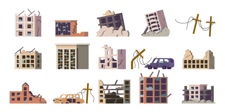 Ruined building set. Buildings after earthquake. Cartoon abandoned flat style isolated city elements, collapsed and broken houses and property, card and power lines. Vector set