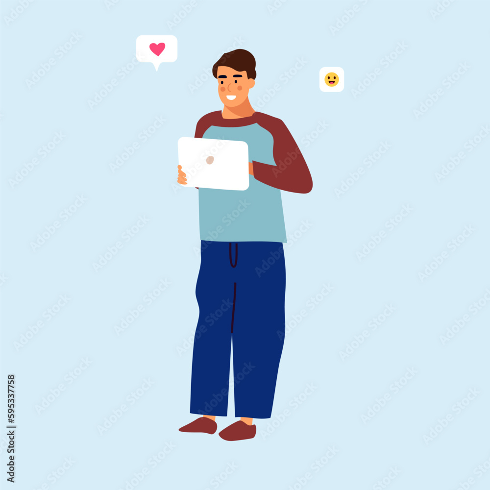 Poster people using phone. male character with smartphone. web messenger. network conversation. guy holding