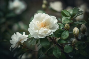 Blooming white rose on green bush with spring apple blossoms. Generative AI