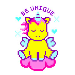 Pixel art fantasy unicorn with slogan "Be unique". Nostalgia cute dreamlike with pink hearts, stars and pony on cloud with wings.
