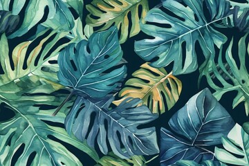 Seamless tropical leaves background. Monstera, strelitzia, palms. Watercolor jungle pattern. Generative ai.