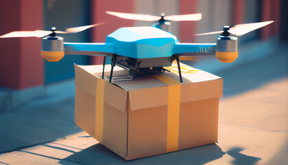 Drone delivery delivering parcel package into urban city. UAV drone deliver give to costumer in home. Online shopping and Express delivery transport service concept, Generative AI, illustration