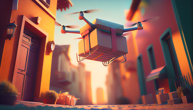 Drone delivery delivering parcel package into urban city. UAV drone deliver give to costumer in home. Online shopping and Express delivery transport service concept, Generative AI, illustration
