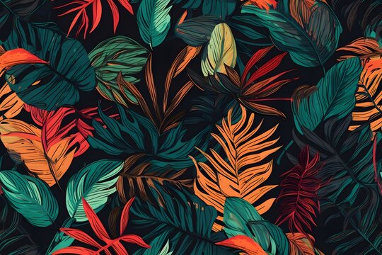 Seamless vector pattern with exotic tropical plants in modern style. Trendy jungle colorful background design. Nature textile fashion wallpaper print. Generative Ai.