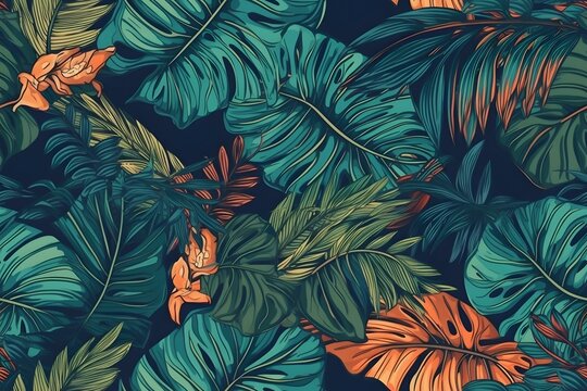 Seamless vector pattern with exotic tropical plants in modern style. Trendy jungle colorful background design. Nature textile fashion wallpaper print. Generative Ai.