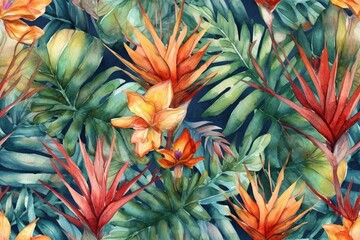 Obraz premium Summer tropical floral pattern made with watercolors, perfect for textiles and decoration. Generative ai.