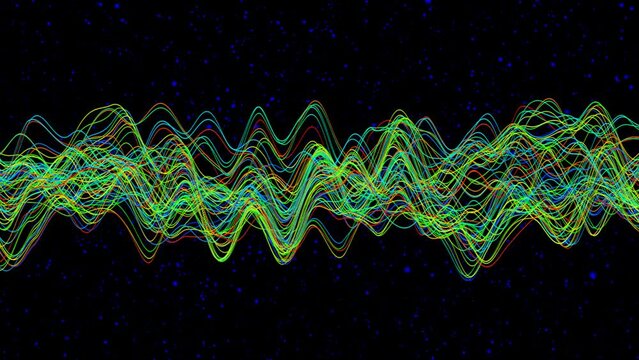 Abstract waving smooth lines with particles dots. Animation of seamless loop