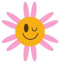 Daisy groovy flower. Smiling retro floral face. Y2k simple design. Cartoon chamomile character.