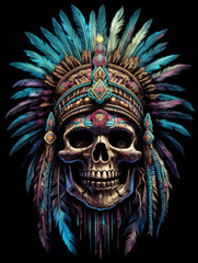 Naklejka premium Native American Indian Warrior Skull with Headdress