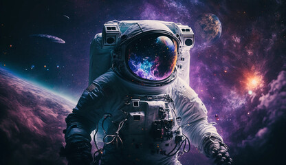 Fototapeta na wymiar Astronaut Floating in Space with Earth and Cosmos